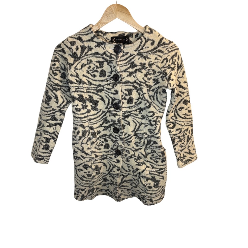 Nanette Lepore Womens Wool Blend Knit Coat Black Cream Paisley Cardigan Jacket L